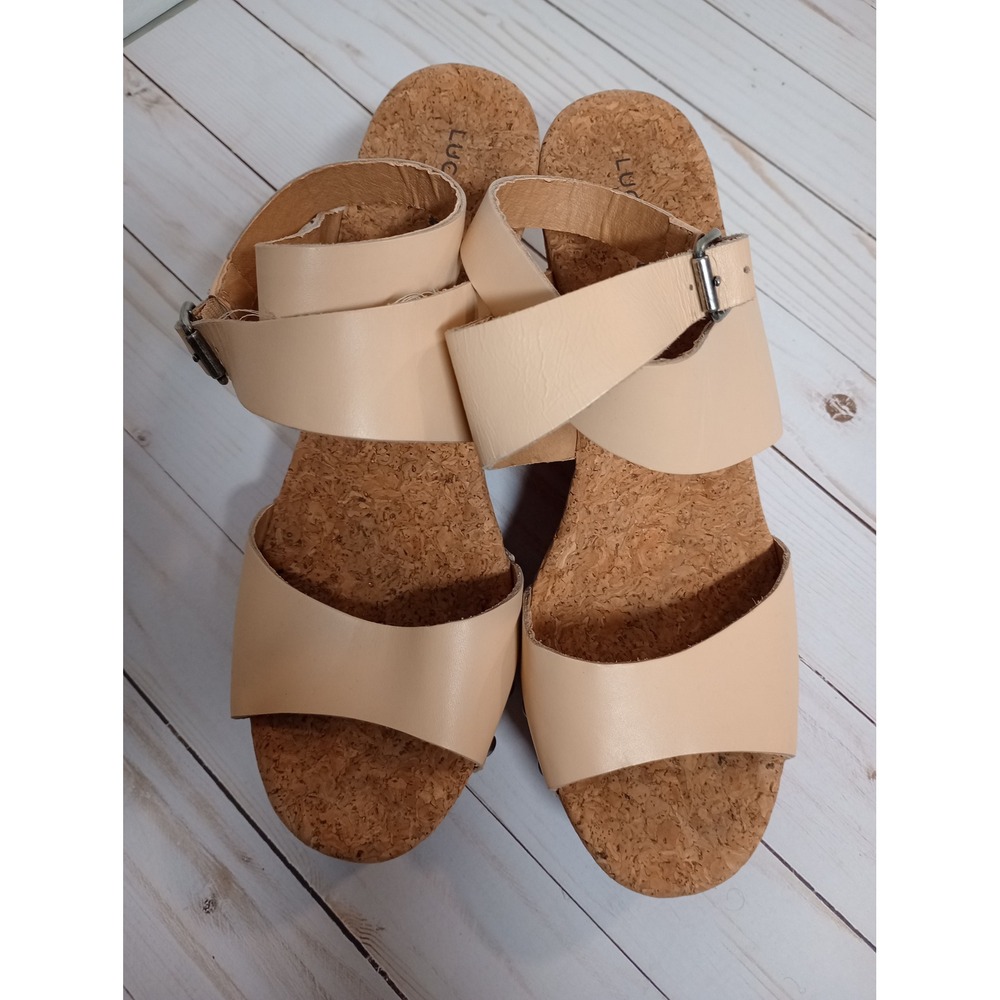 Lucky Brand Beige Leather Cork Wedge Sandals Studded Ankle Strap Women 10M